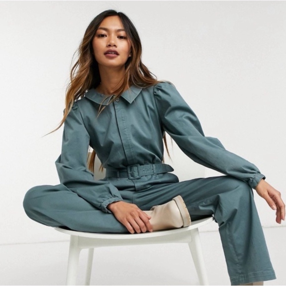 & Other Stories Green Belted Long-Sleeve Cotton Jumpsuit - Picture 2 of 7